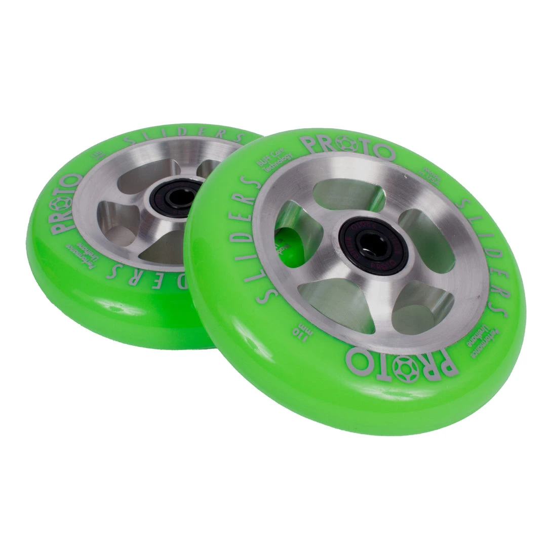 Proto StarBright Sliders Wheels 110mm - Neon Green On Raw (Pair) 4 Proto StarBright Sliders Wheels 110mm - Neon Green On Raw (Pair)